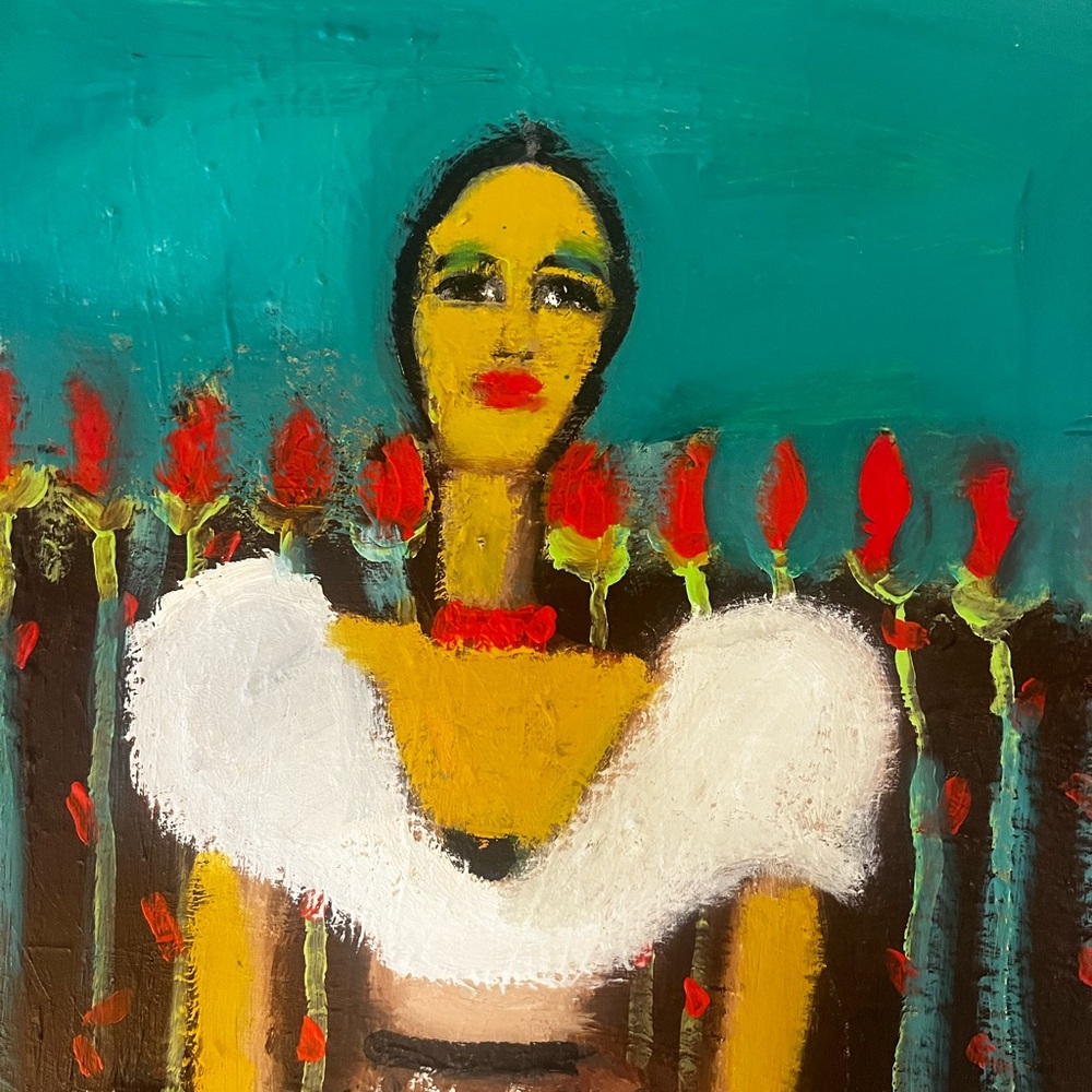 Contemporary Woman Portrait Wall Art - Turquoise, White & RedTulip Girl